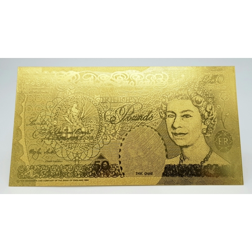 1084 - A Mint Condition Fine Gold (24 Carat) Coated £50 Bank Note. 17.5cm Length. Complete with Certificate... 