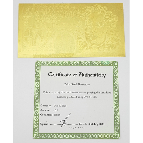 1084 - A Mint Condition Fine Gold (24 Carat) Coated £50 Bank Note. 17.5cm Length. Complete with Certificate... 