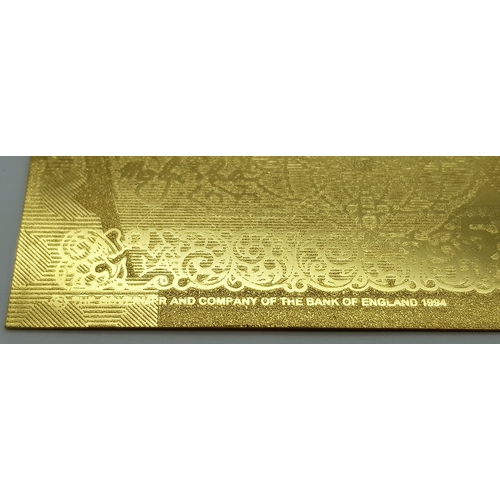 1084 - A Mint Condition Fine Gold (24 Carat) Coated £50 Bank Note. 17.5cm Length. Complete with Certificate... 