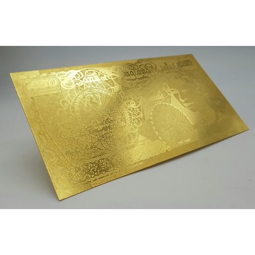 1084 - A Mint Condition Fine Gold (24 Carat) Coated £50 Bank Note. 17.5cm Length. Complete with Certificate... 