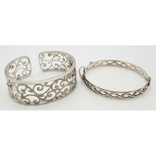 1086 - Two Stylish Solid Silver 925 Bangles, Foliate Design Hinged Torque and Safety Chain, Total weight: 5... 