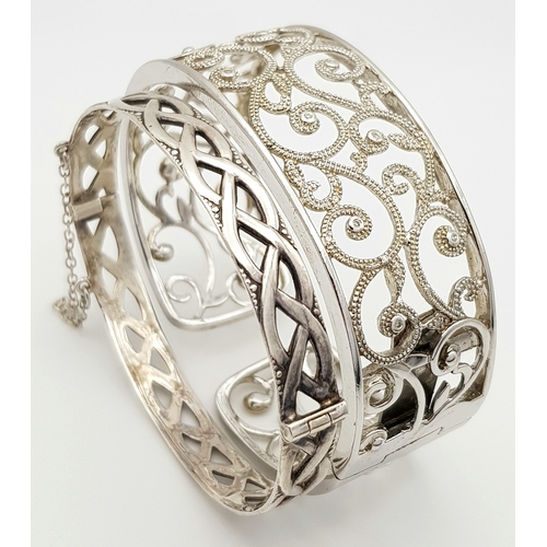 1086 - Two Stylish Solid Silver 925 Bangles, Foliate Design Hinged Torque and Safety Chain, Total weight: 5... 