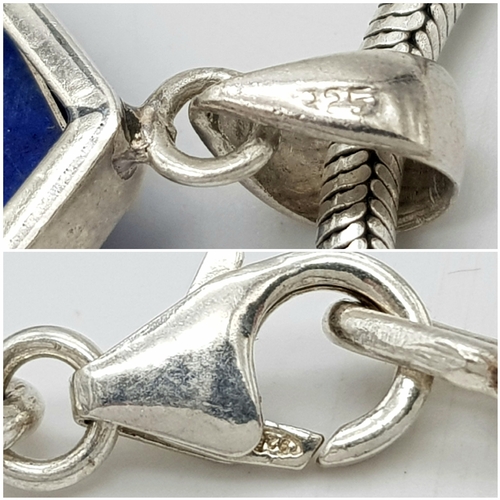 1150 - A Vintage Solid Silver 925 Snake Necklace, with Lapis Lazuli Pendant, 41cm, 47.8 grams. In excellent... 