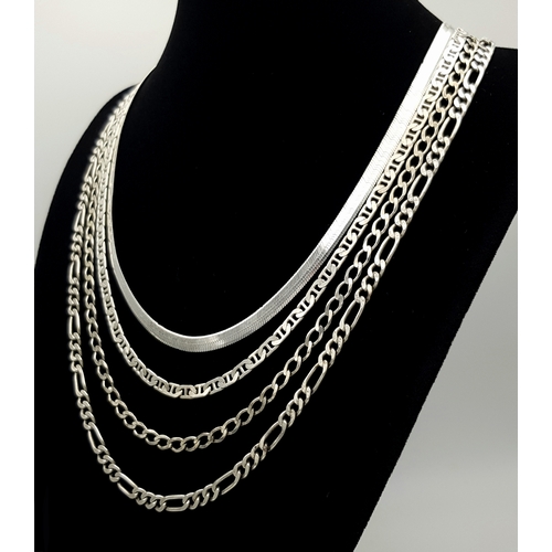 323 - Four Attractive Solid Silver 925 Necklaces, Various Styles, 40-50cm, Total weight: 45.3 grams. All i... 