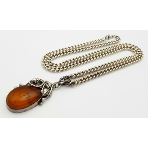 330 - A Vintage Solid Silver 925 Curb Chain Necklace with Amber Pendant, Total weight: 57 grams, 61cm. In ... 