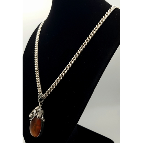 330 - A Vintage Solid Silver 925 Curb Chain Necklace with Amber Pendant, Total weight: 57 grams, 61cm. In ... 