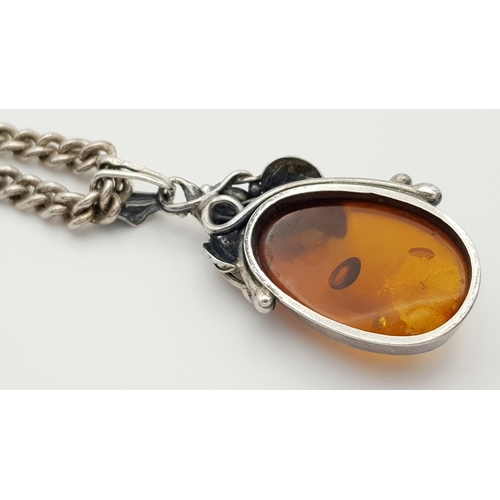 330 - A Vintage Solid Silver 925 Curb Chain Necklace with Amber Pendant, Total weight: 57 grams, 61cm. In ... 