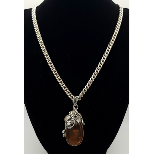 330 - A Vintage Solid Silver 925 Curb Chain Necklace with Amber Pendant, Total weight: 57 grams, 61cm. In ... 