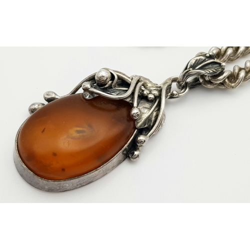 330 - A Vintage Solid Silver 925 Curb Chain Necklace with Amber Pendant, Total weight: 57 grams, 61cm. In ... 