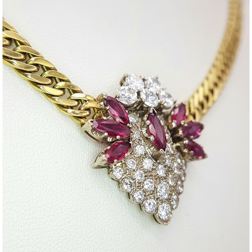 51 - A WGI Certified 18K Gold Curb Link Necklace set with Seven Marquise Mixed Cut Natural Rubies and Thi... 