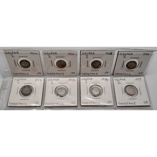 623 - A set of 15 x SILVER THREE PENCE PIECES in sequence from 1930 to 1944 inclusive. Nicely presented in... 