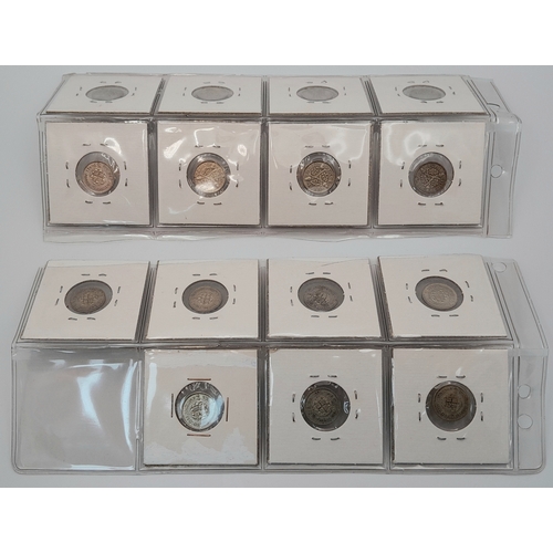 623 - A set of 15 x SILVER THREE PENCE PIECES in sequence from 1930 to 1944 inclusive. Nicely presented in... 