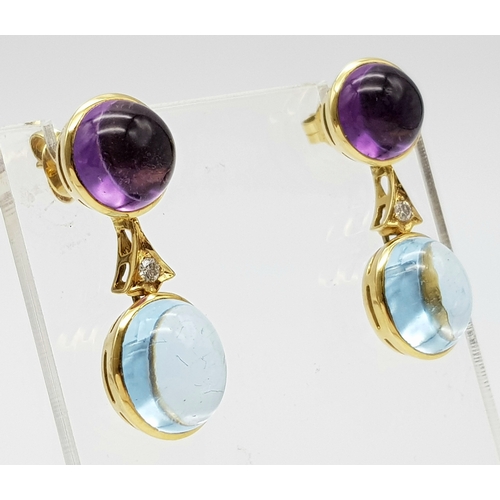 771 - A WGI Certified Pair of 18K Yellow Gold, Topaz, Amethyst and Diamond Drop Earrings. Cabochon cuts wi... 