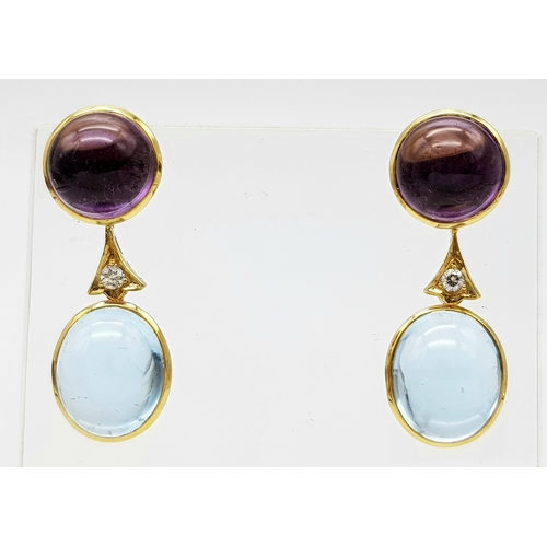 771 - A WGI Certified Pair of 18K Yellow Gold, Topaz, Amethyst and Diamond Drop Earrings. Cabochon cuts wi... 