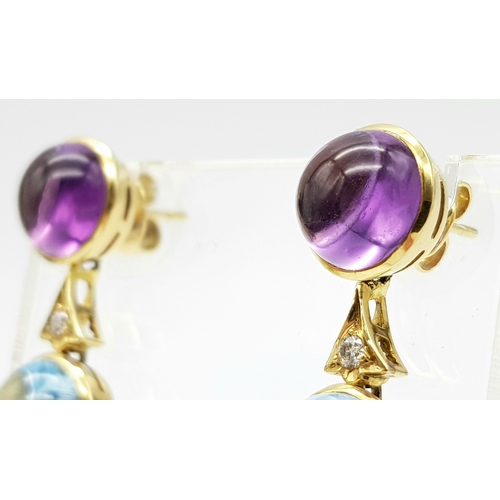 771 - A WGI Certified Pair of 18K Yellow Gold, Topaz, Amethyst and Diamond Drop Earrings. Cabochon cuts wi... 