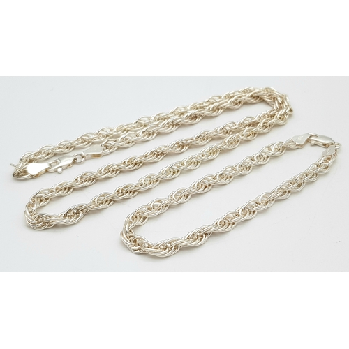 1143 - A set of beautiful Solid Silver 925 Rope Necklace and Bracelet, Total weight: 30.2 grams, 19 and 45c... 