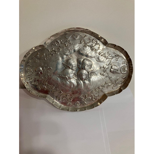 126 - Antique REPOUSSE SILVER TRAY with CHERUBS and CUPIDS, having clear hallmark for William Comyns,Londo... 