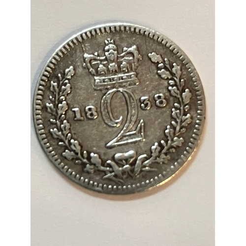 602 - 1838 SILVER MAUNDY TWOPENCE PIECE. Very fine condition.