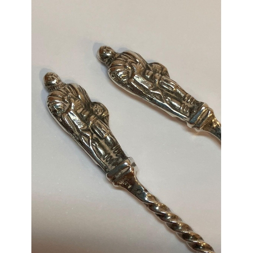 735 - 2 x Antique SILVER CONDIMENT SPOONS. Barley twist stems with Apostle Finials. Clear hallmark for Bir... 