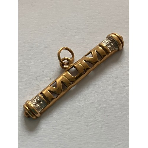 721 - Extremely Pretty GOLD and DIAMOND ‘MUM’  CHARM/PENDANT. Horizontal form with small Diamond to each s... 