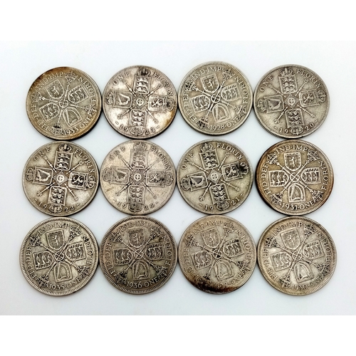 1288 - 12 George V Silver Florins - 1920,21,22,23,24,28,29,30,31,33,35,36.