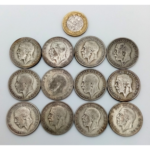 1288 - 12 George V Silver Florins - 1920,21,22,23,24,28,29,30,31,33,35,36.