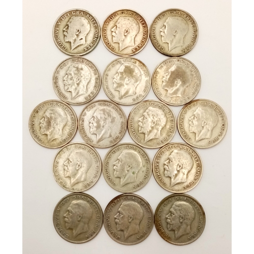 1295 - 16 George V Silver Half Crown Coins - 1920, 21,22,23,24,25, 26,27,28,29,31,32,33,34,35 and 36.