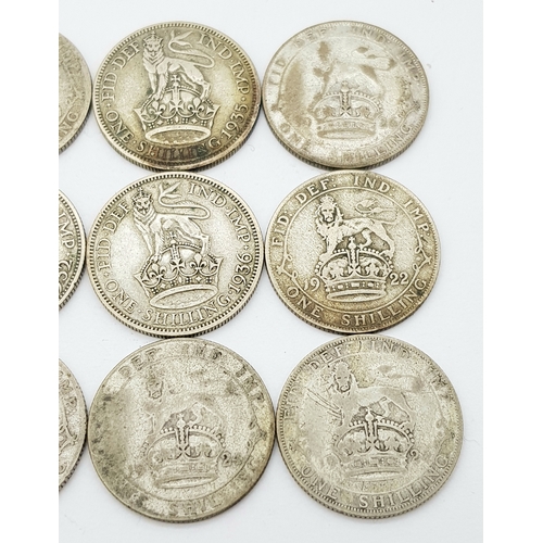 1398 - 18 George V Silver Shilling Coins - 1920, 21,22,23,24,25,26,27 x 2, 28,29,30,31,32,33,34,35,36.