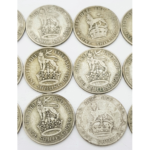 1398 - 18 George V Silver Shilling Coins - 1920, 21,22,23,24,25,26,27 x 2, 28,29,30,31,32,33,34,35,36.