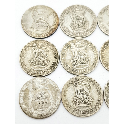 1398 - 18 George V Silver Shilling Coins - 1920, 21,22,23,24,25,26,27 x 2, 28,29,30,31,32,33,34,35,36.