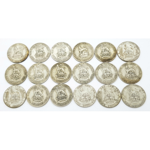 1398 - 18 George V Silver Shilling Coins - 1920, 21,22,23,24,25,26,27 x 2, 28,29,30,31,32,33,34,35,36.