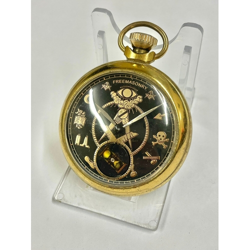 1214 - A VINTAGE MASONIC POCKET WATCH (HOURGLASS ROTATES AS WATCH TICKS). WORKING. L30