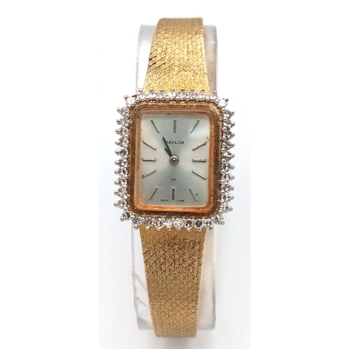 144 - A Vintage Baylor 9K Gold and Diamond Ladies Watch. 9K gold bracelet and case - 21mm. 40 round cut di... 