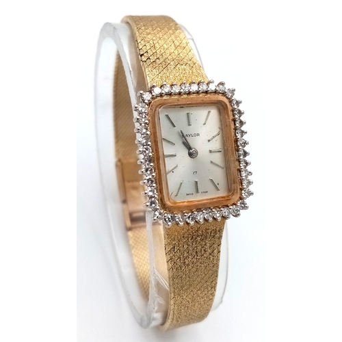 144 - A Vintage Baylor 9K Gold and Diamond Ladies Watch. 9K gold bracelet and case - 21mm. 40 round cut di... 