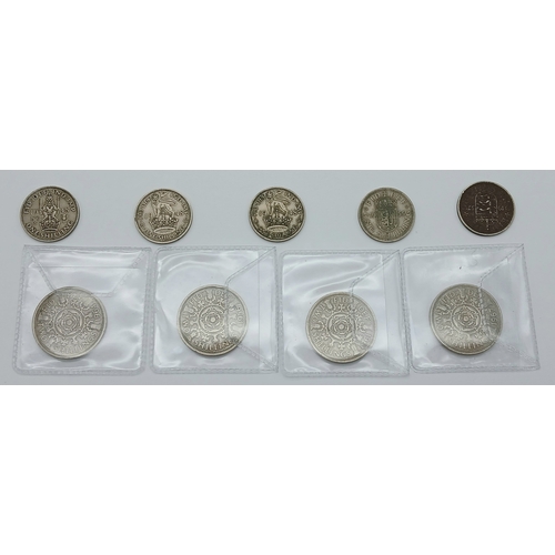 1660 - 5 x Mixed One Shilling Coins and 4 x Queen Elizabeth Two Shilling Coins. One shillings - 3 x 1948, 1... 