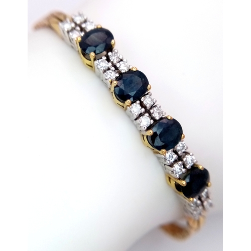 169 - A 9k yellow Gold Diamond and Sapphire Bracelet. 1.2ctw of oval cut sapphires between 0.70ctw of bril... 