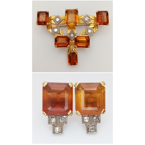 186 - An 18K Yellow Gold, Diamond and Citrine Brooch/Pendant and Earring Set. 11ctw of quality, clean emer... 