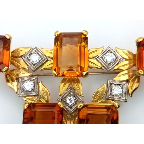 186 - An 18K Yellow Gold, Diamond and Citrine Brooch/Pendant and Earring Set. 11ctw of quality, clean emer... 