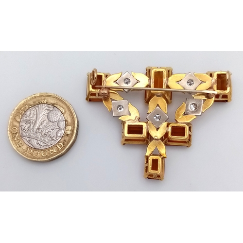 186 - An 18K Yellow Gold, Diamond and Citrine Brooch/Pendant and Earring Set. 11ctw of quality, clean emer... 