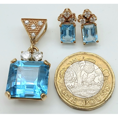 36 - A Head-Turning 18K Gold, Blue Topaz and Diamond Pendant and Earring Set. A 10ct princess cut ice blu... 