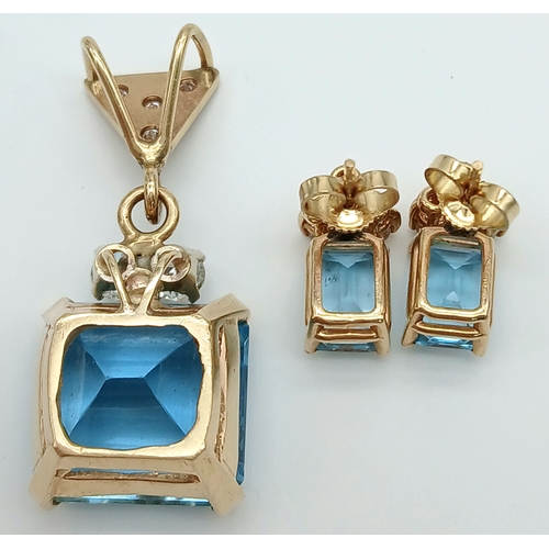 36 - A Head-Turning 18K Gold, Blue Topaz and Diamond Pendant and Earring Set. A 10ct princess cut ice blu... 