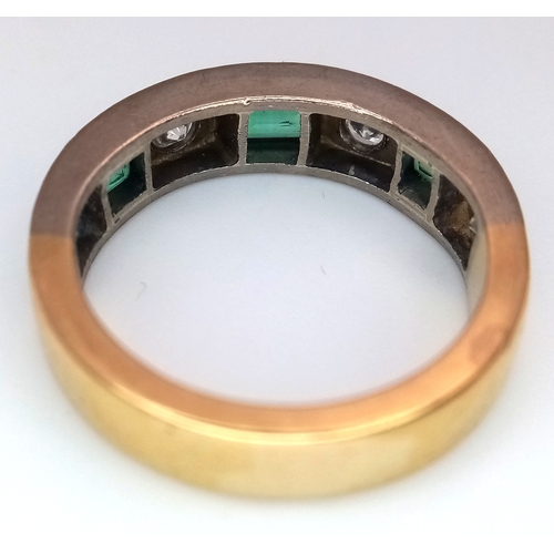 57 - An 18K Yellow Gold (tested) Diamond and Emerald Band Ring. 0.60ctw of brilliant round cut diamonds a... 