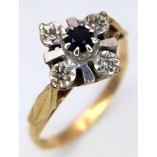 6 - An 18K Yellow Gold Sapphire and Diamond Ring. Size L 1/2. 2.4g