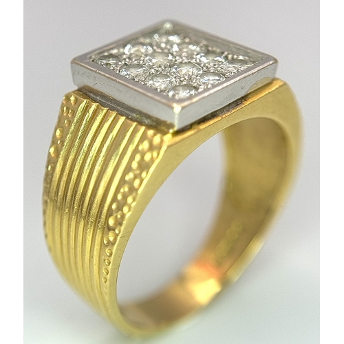 68 - An 18K Yellow Gold Twelve Diamond Signet Dress Ring. Beautifully constructed with ridge and dimple e... 