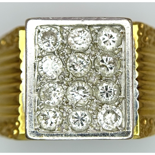 68 - An 18K Yellow Gold Twelve Diamond Signet Dress Ring. Beautifully constructed with ridge and dimple e... 