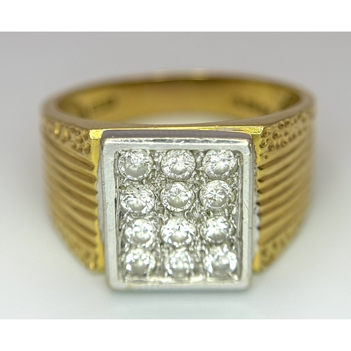 68 - An 18K Yellow Gold Twelve Diamond Signet Dress Ring. Beautifully constructed with ridge and dimple e... 