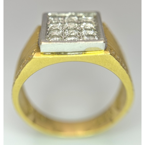 68 - An 18K Yellow Gold Twelve Diamond Signet Dress Ring. Beautifully constructed with ridge and dimple e... 