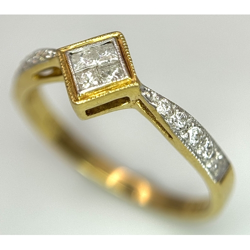 9 - An 18K Yellow Gold Princess and Round Cut Diamond Ring. Size N 1/2. 2.4g