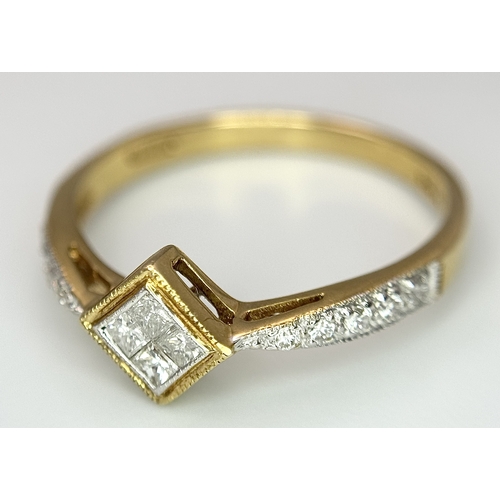 9 - An 18K Yellow Gold Princess and Round Cut Diamond Ring. Size N 1/2. 2.4g