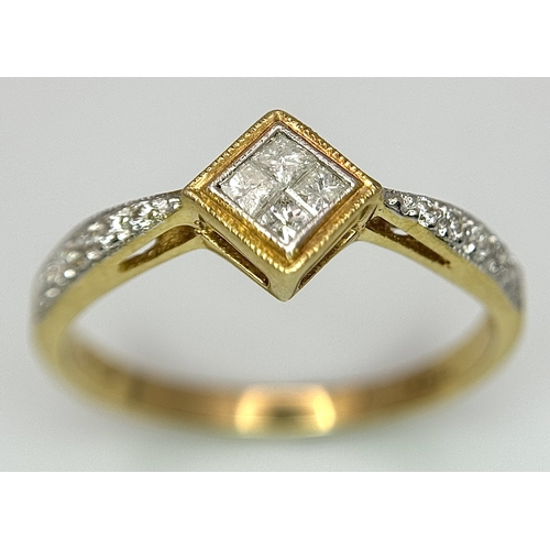 9 - An 18K Yellow Gold Princess and Round Cut Diamond Ring. Size N 1/2. 2.4g